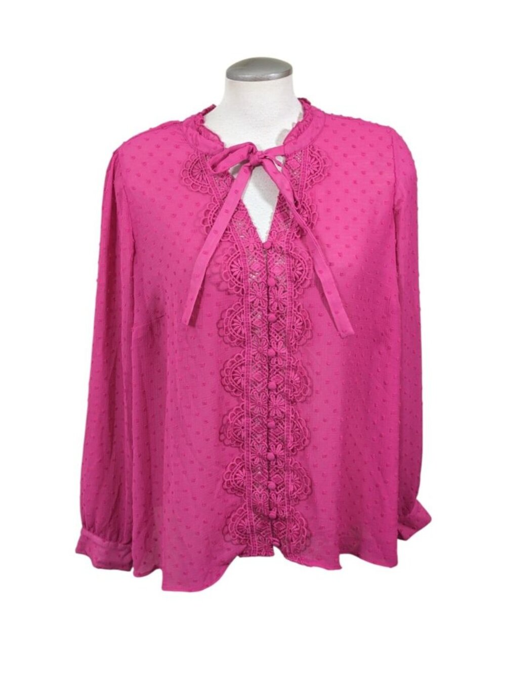 Torrid 1 Chiffon Swiss Dot Blouse Ruffle Neck Tie Front Top Pink 1X Crochet Lace - Picture 4 of 9